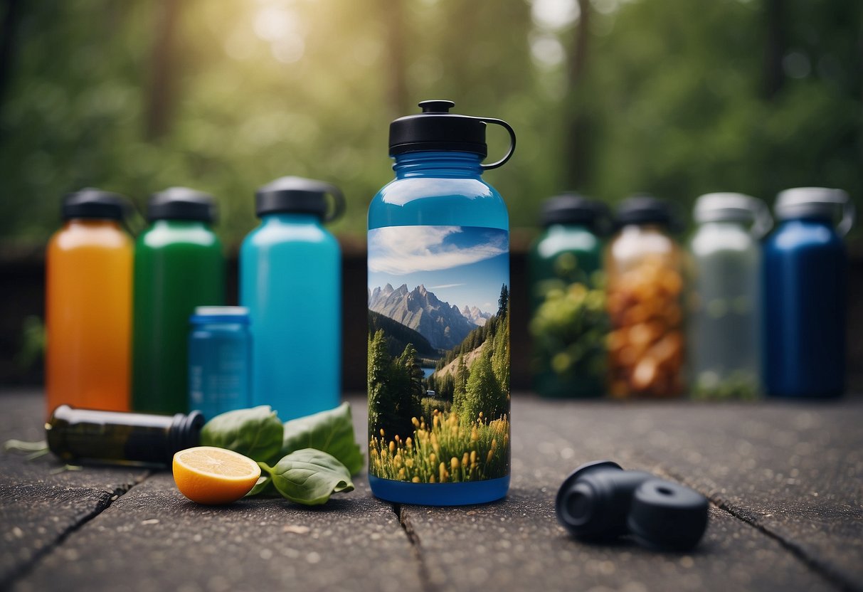 People using public transport or carpooling to outdoor yoga. Waste management tips visible (e.g. reusable water bottles, recycling bins). Nature backdrop