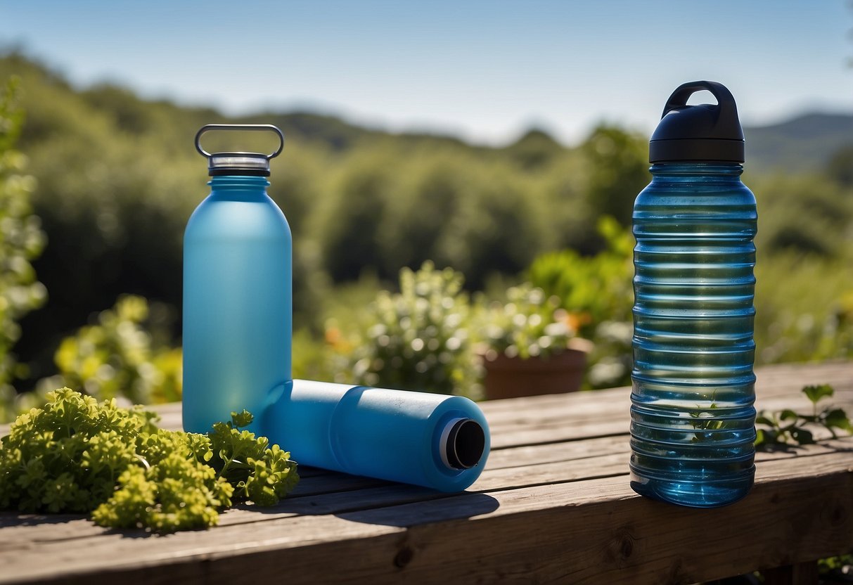 A serene outdoor yoga session with reusable water bottles, biodegradable mats, and a compost bin for waste management. Lush greenery and a clear blue sky create a peaceful backdrop