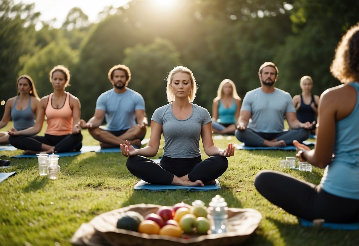 A group of people at an outdoor yoga session, surrounded by nature. They are using reusable water bottles and containers for snacks, and are mindful of their waste, disposing of it properly in designated bins