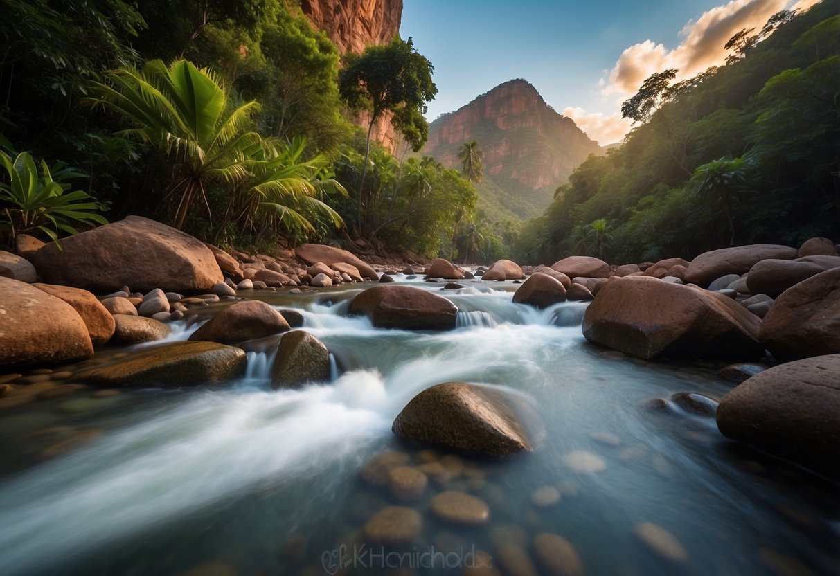 Lush rainforest backdrop with a tranquil river, nestled in the mountains. A serene beach at sunrise, with gentle waves and a colorful sky. A peaceful desert landscape, with red rocks and clear blue skies. A secluded waterfall surrounded by lush greenery