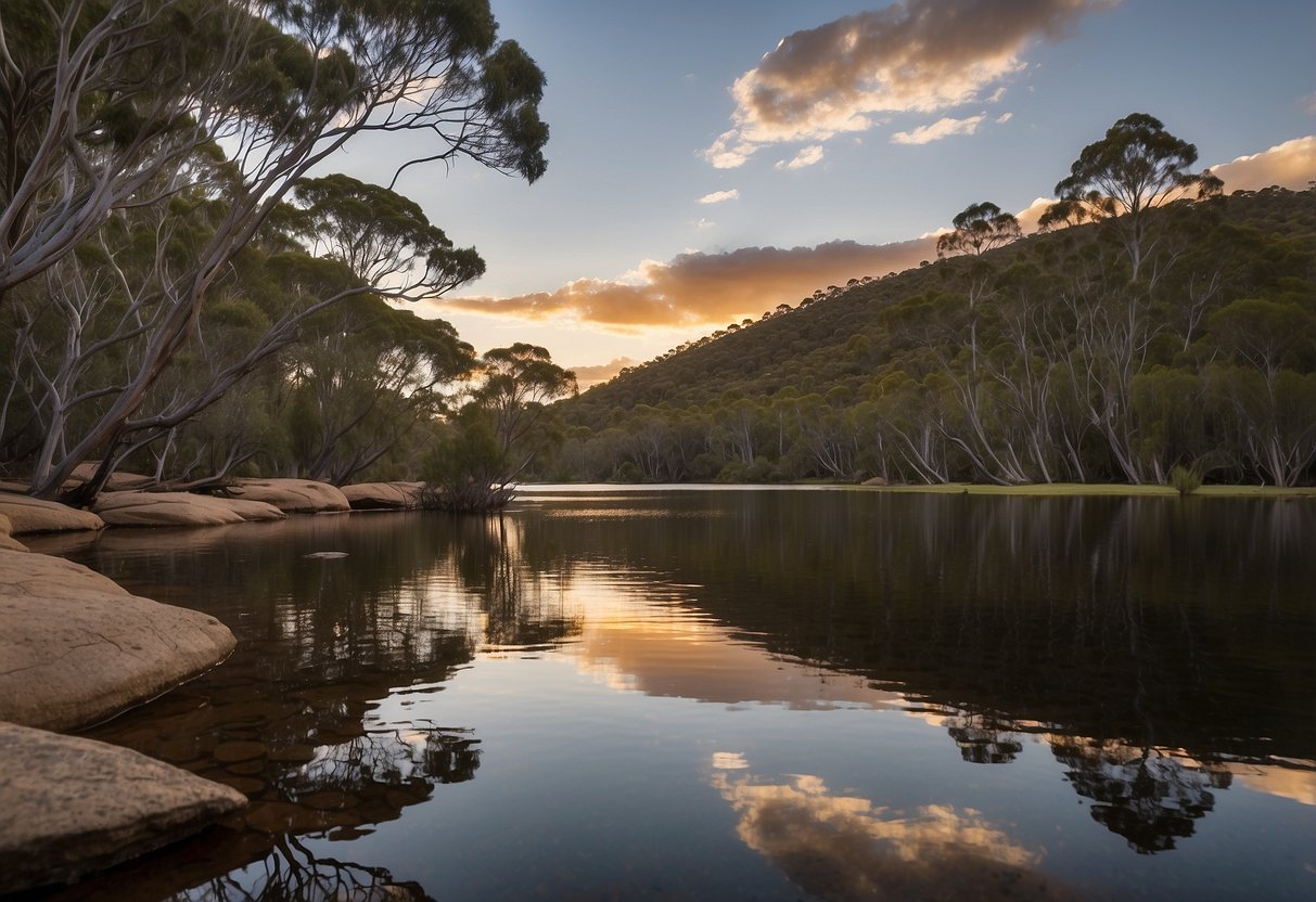 Lush greenery surrounds a tranquil lake in Grampians National Park, Victoria, perfect for outdoor yoga. The sun sets behind the mountains, casting a warm glow over the serene landscape