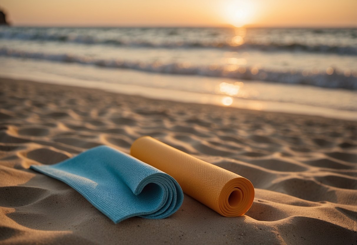 A serene beach at sunset, with a lone yoga mat laid out on the sand. The ocean waves gently crash against the shore, while the warm sun sets in the distance, creating a peaceful and tranquil atmosphere