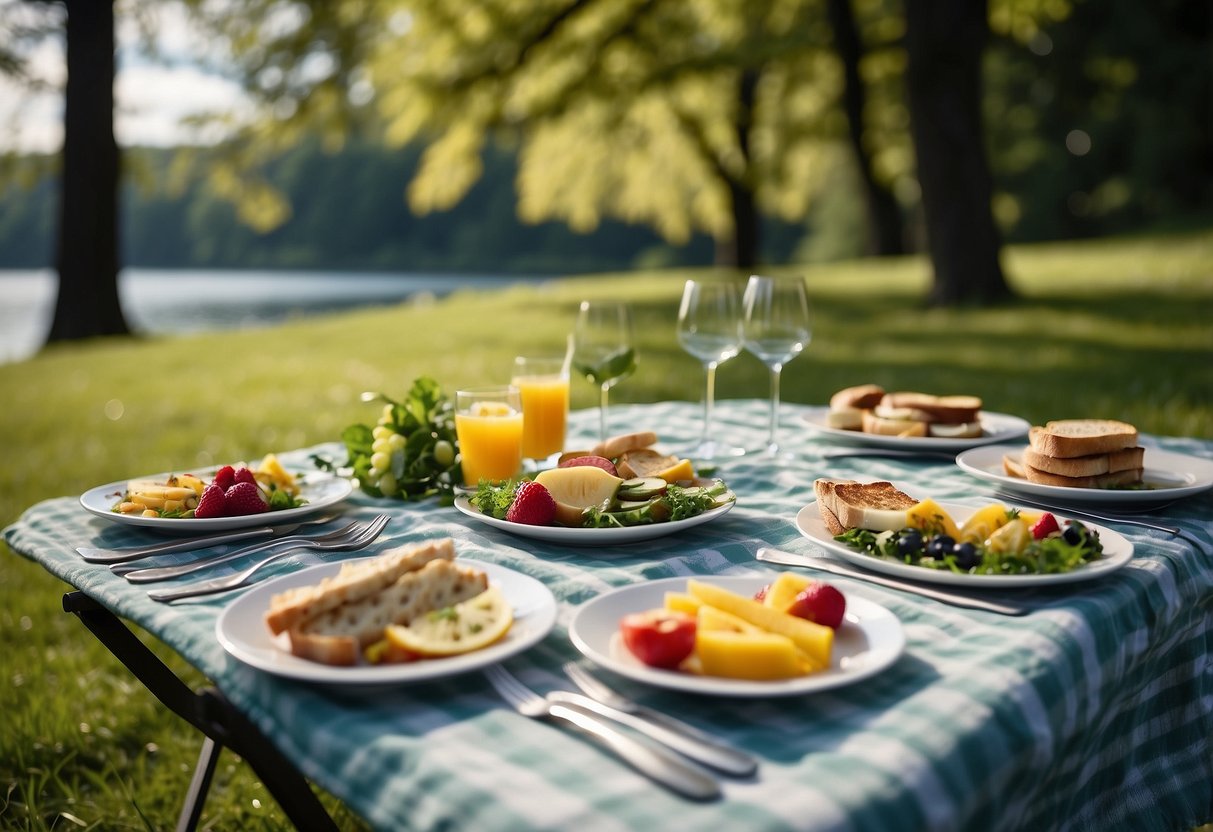 A picnic blanket laid out on green grass, surrounded by trees and a serene lake. On the blanket, there are 10 colorful and appetizing dishes, each neatly arranged on separate plates