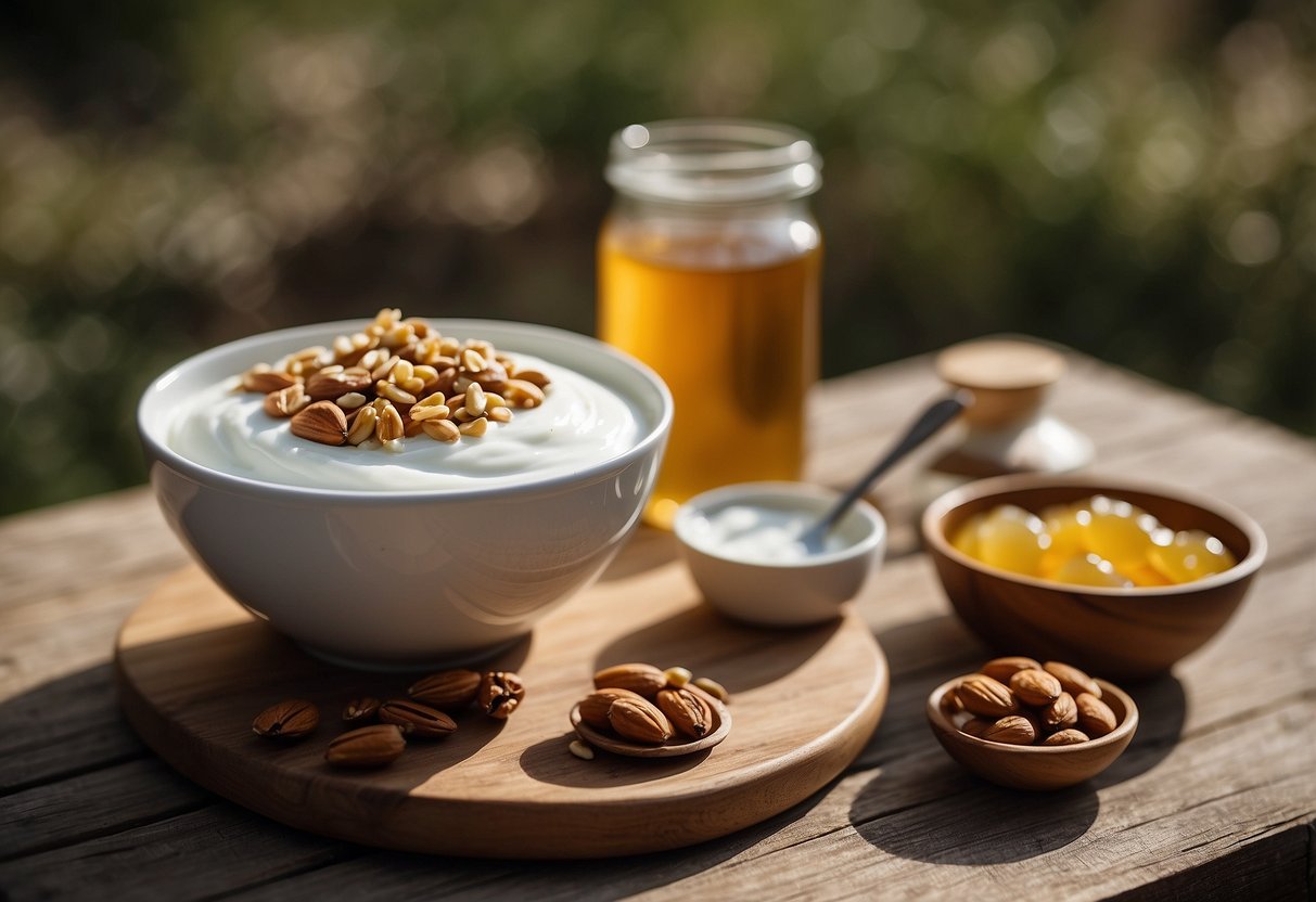 A bowl of Greek yogurt topped with honey and nuts, placed on a rustic outdoor table with a yoga mat and water bottle nearby