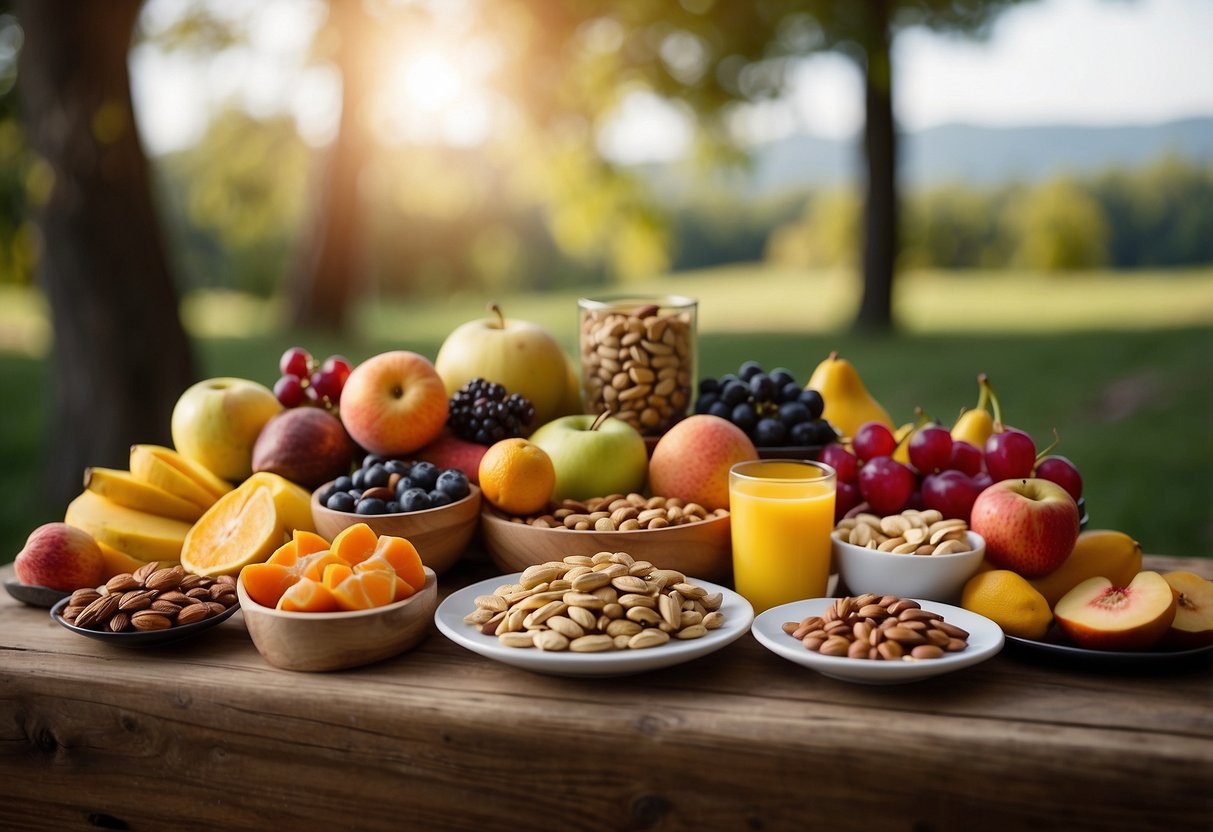 A table spread with an assortment of colorful fruits and nuts, with a stack of mixed fruit and nut bars in the center. Outdoor scenery in the background