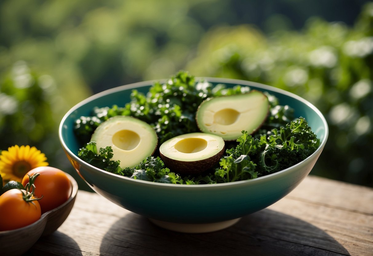 A colorful bowl filled with kale, avocado, and other fresh vegetables, surrounded by outdoor yoga gear and a scenic natural backdrop