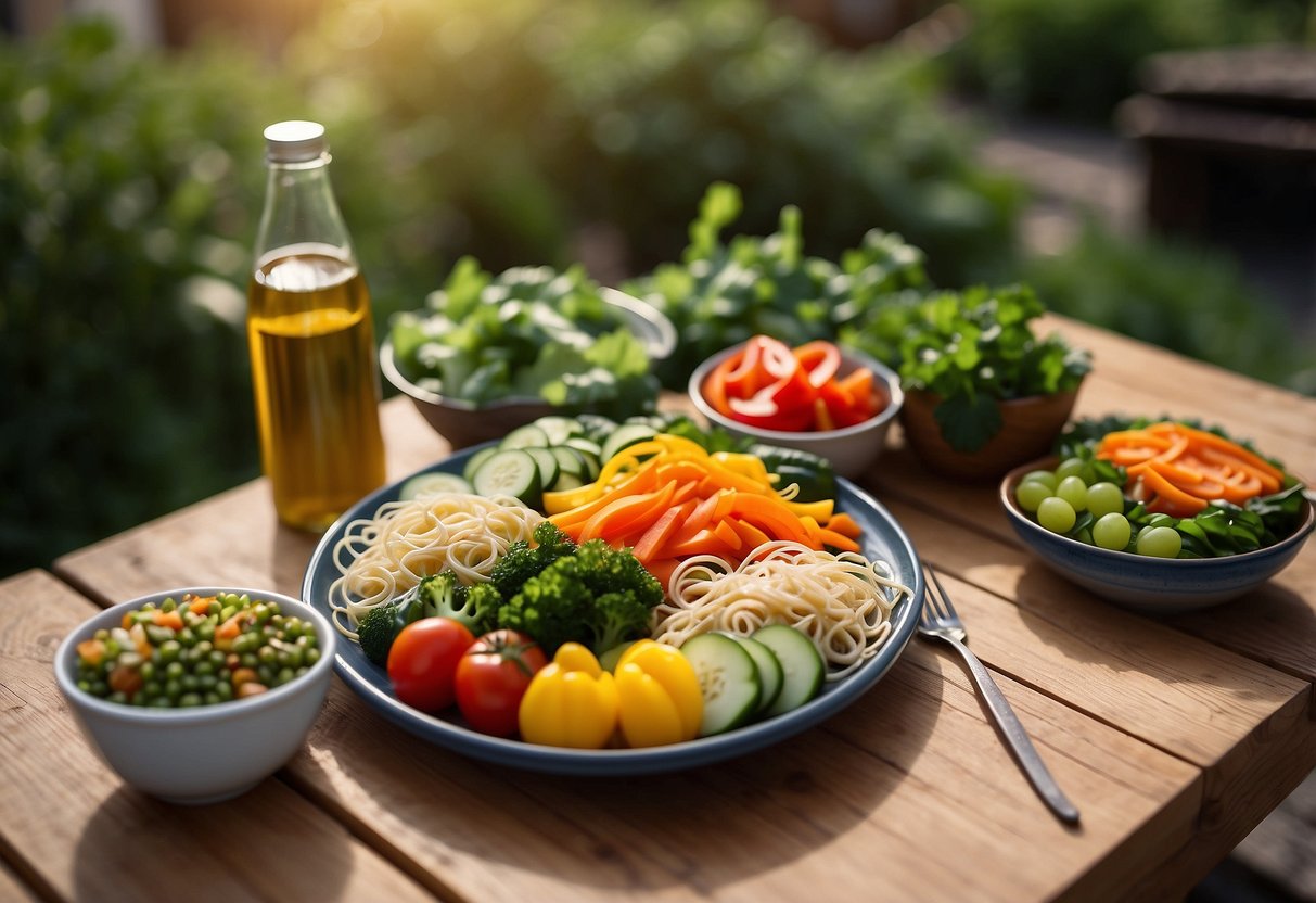 A colorful array of fresh vegetables, cold soba noodles, and a light vinaigrette dressing arranged on a wooden picnic table outdoors