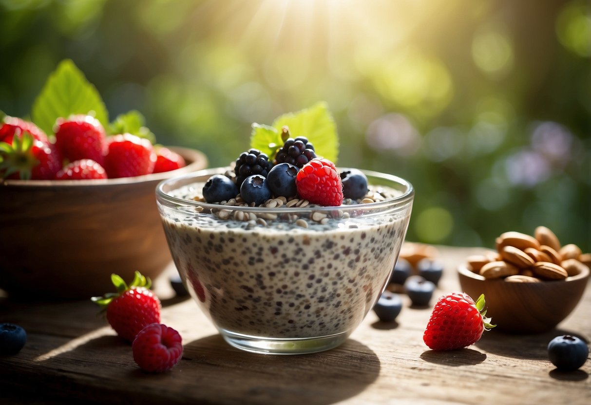 A bowl of chia seed pudding sits on a rustic wooden table, surrounded by fresh berries and a sprinkle of nuts. Sunlight filters through the leaves of nearby trees, casting a dappled pattern on the scene