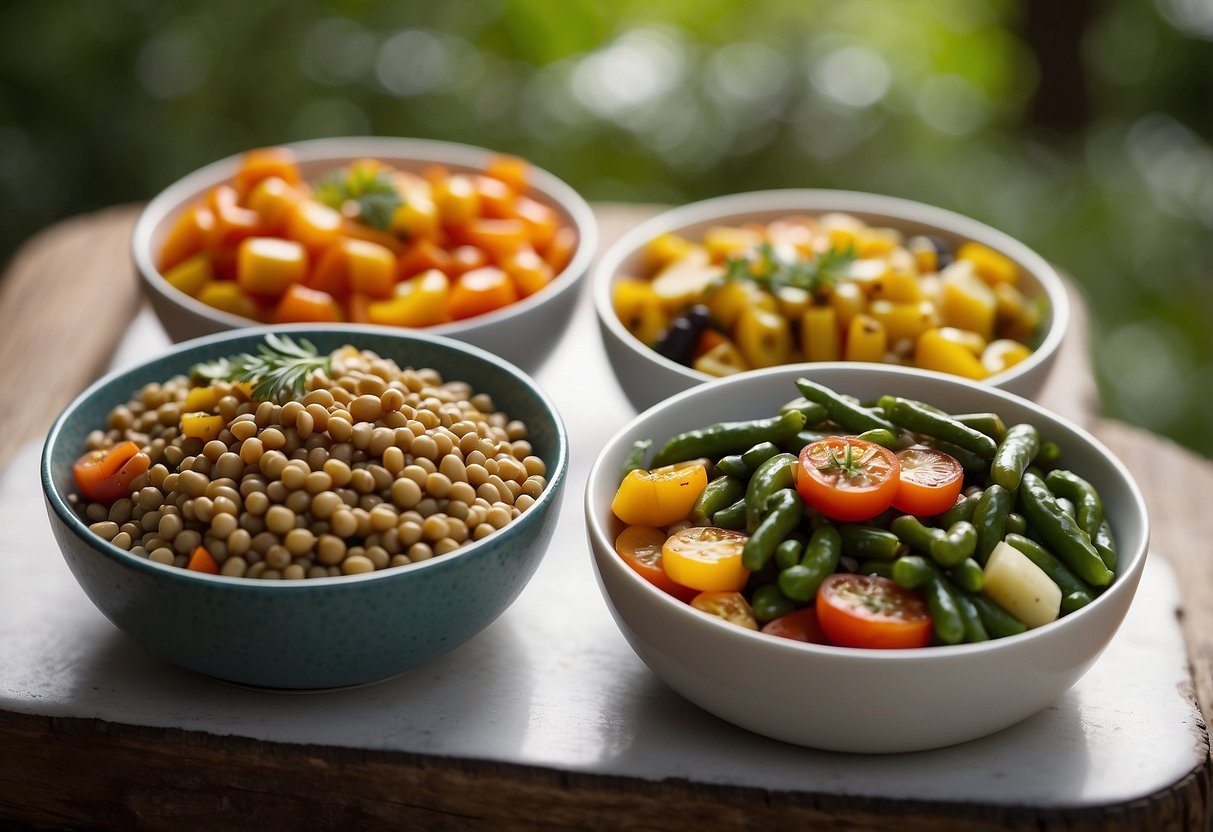 A colorful array of lentils and roasted vegetables arranged in lightweight bowls, surrounded by nature, perfect for outdoor yoga trips