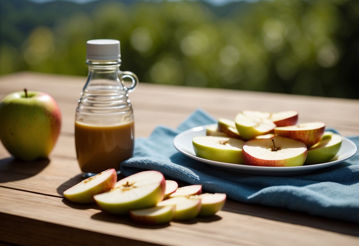 A plate of apple slices with almond butter arranged neatly next to a water bottle and yoga mat, set against a backdrop of lush greenery and a bright blue sky