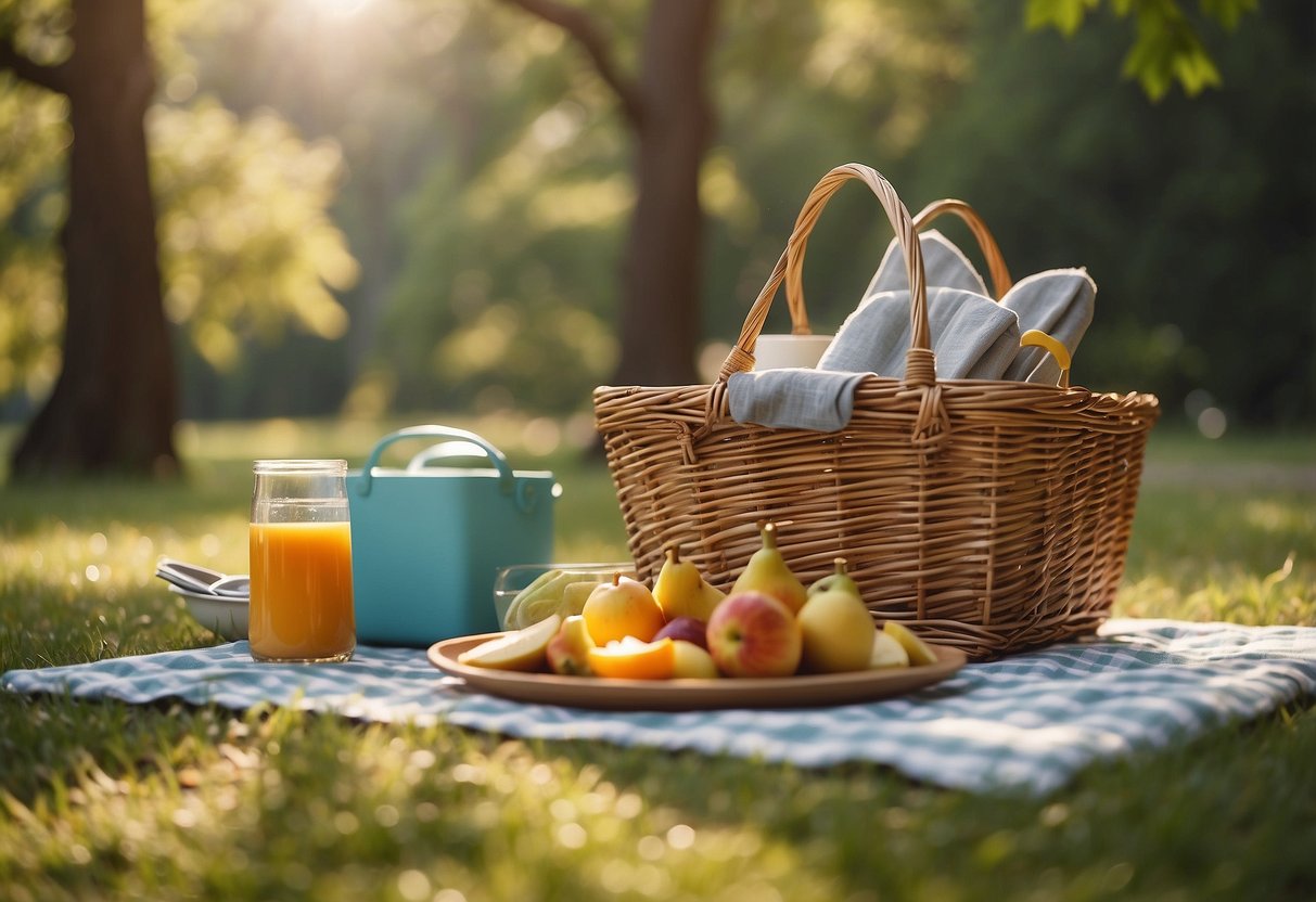 A serene outdoor setting with a yoga mat, surrounded by nature. A picnic basket filled with lightweight, nutritious meals sits nearby. The sun is shining, and a gentle breeze rustles the leaves