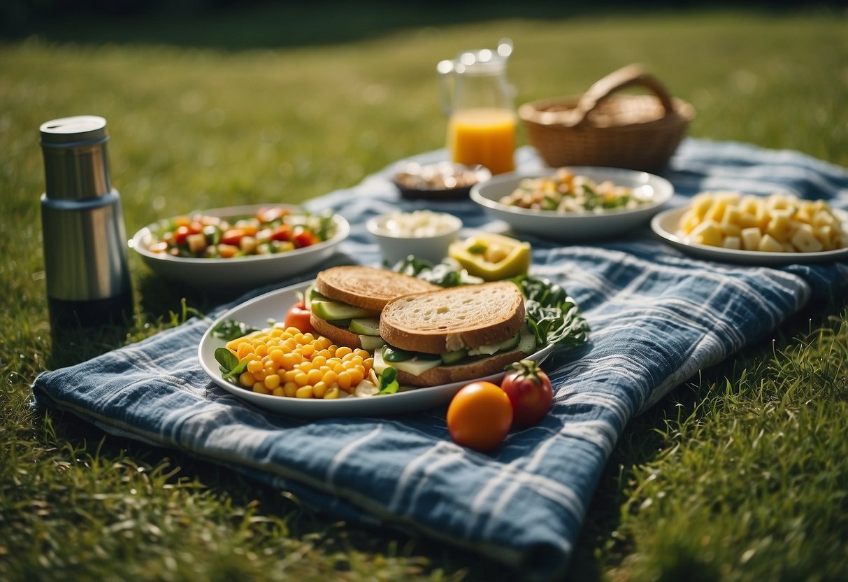 A picnic blanket spread out on lush green grass, surrounded by a variety of lightweight and nutritious meal options for an outdoor yoga trip