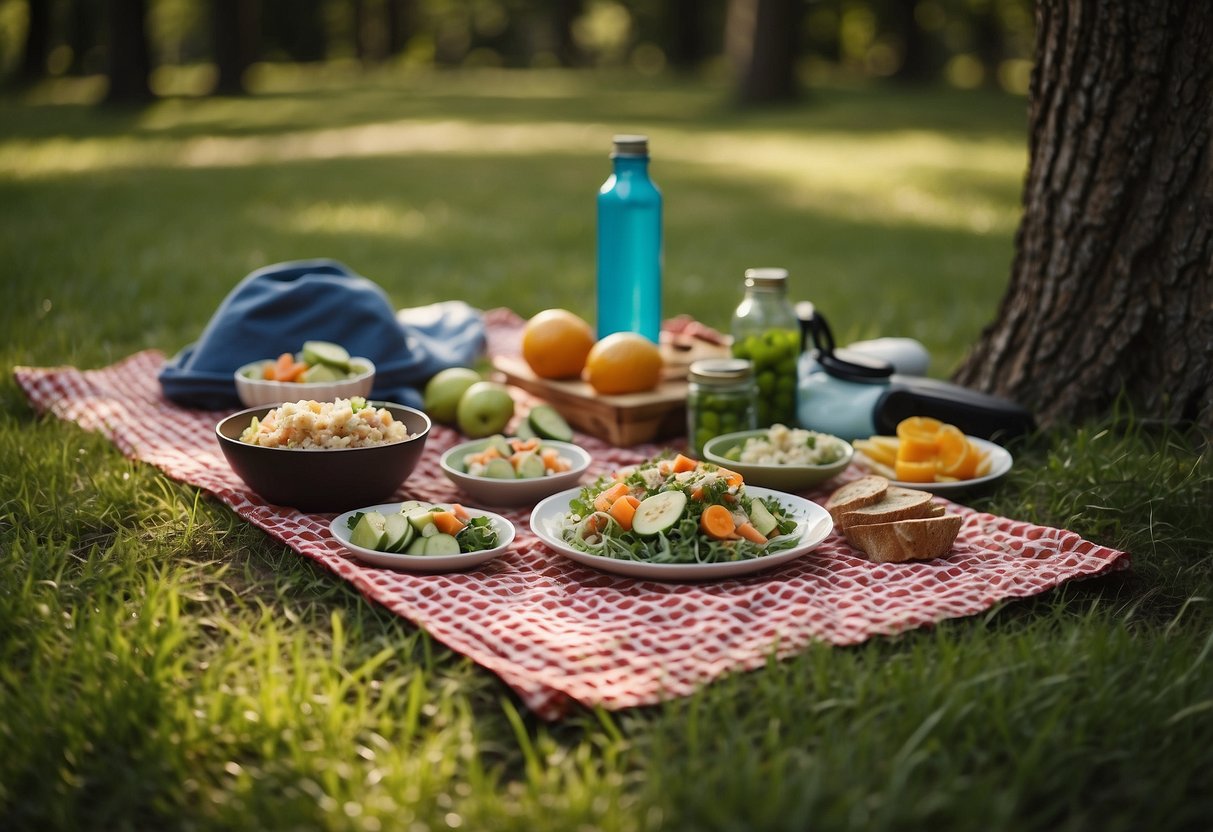 A picnic blanket spread out on a grassy clearing, surrounded by tall trees. A colorful array of lightweight and nutritious meals laid out in easy-to-carry containers, with a yoga mat and water bottle nearby