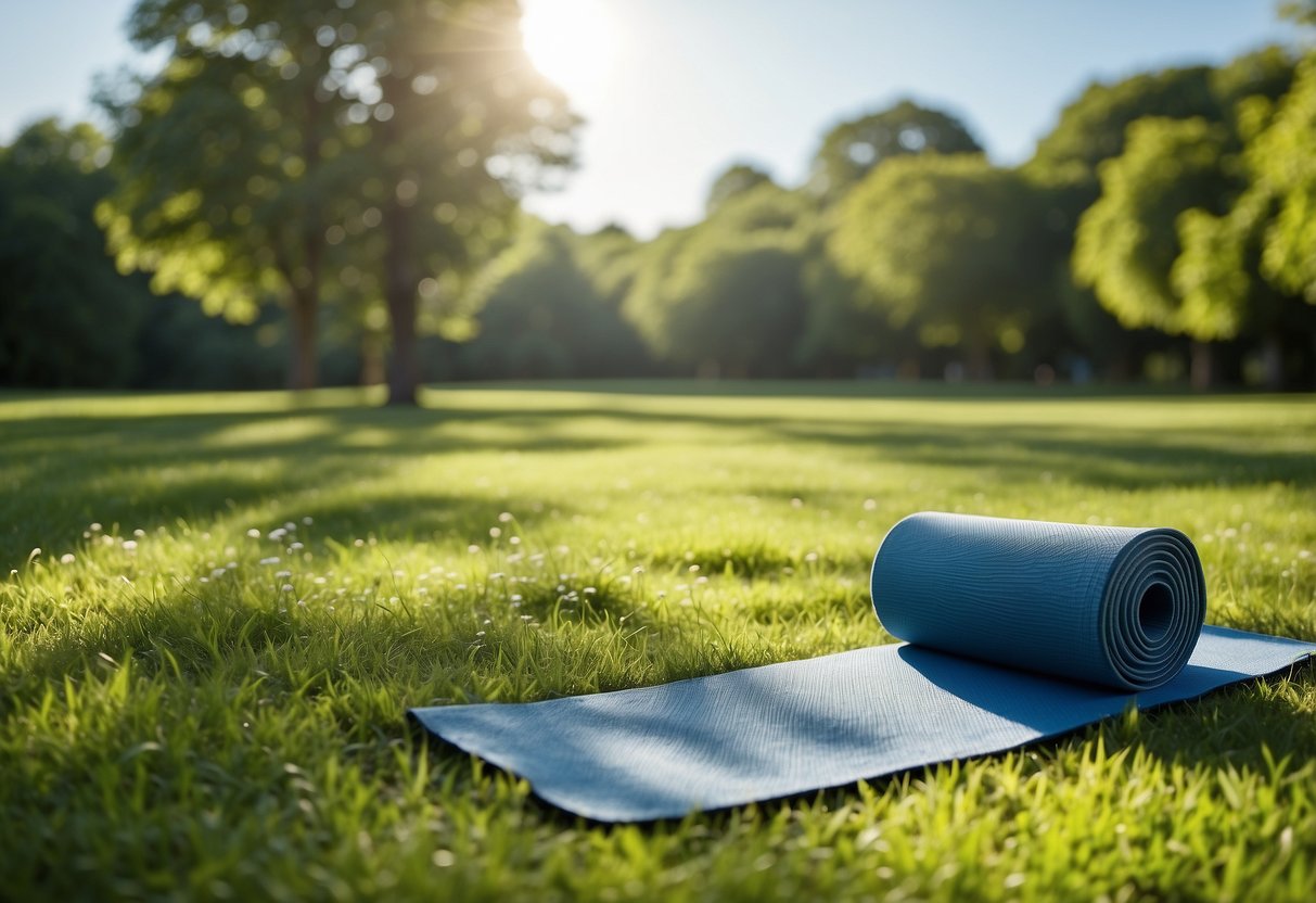 Lush green park with a clear blue sky, a yoga mat placed on the grass surrounded by trees. Sun shining, birds chirping, and a gentle breeze