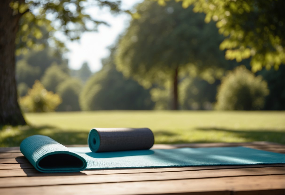 A serene outdoor setting with a clear blue sky, lush green grass, and a gentle breeze. A yoga mat is laid out, with the sun shining down, creating a peaceful and inviting atmosphere for a sun salutation practice