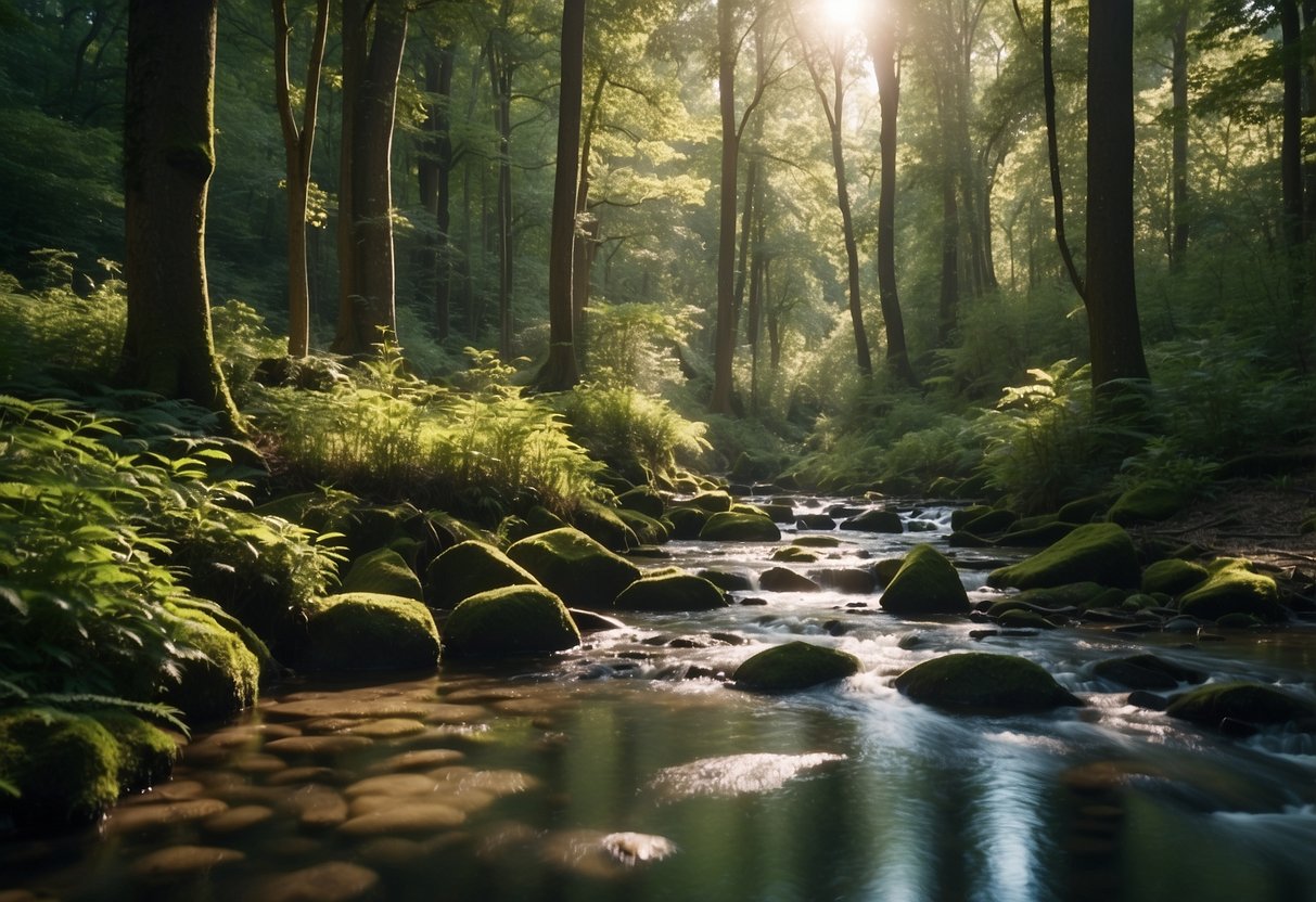 A serene forest clearing with dappled sunlight, a gentle stream, and lush greenery. A sense of tranquility and security permeates the scene