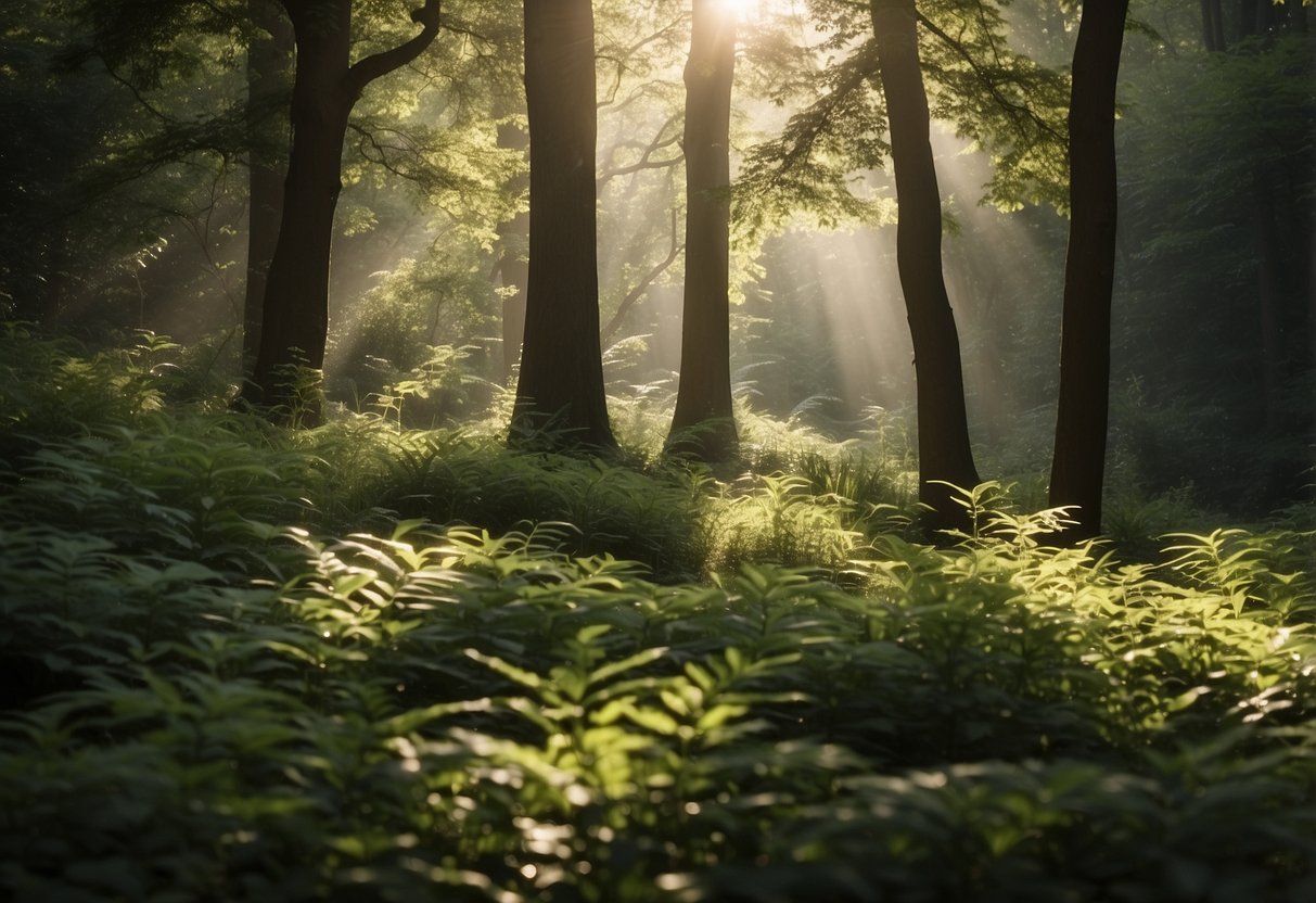 A serene forest clearing with dappled sunlight, surrounded by lush greenery and the gentle sounds of birds chirping and leaves rustling in the breeze