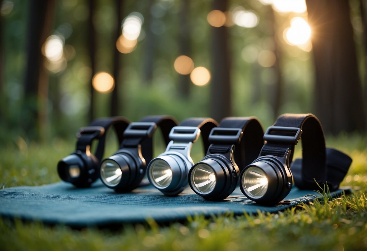 Five headlamps arranged on a grassy outdoor yoga mat, surrounded by trees and a serene natural setting