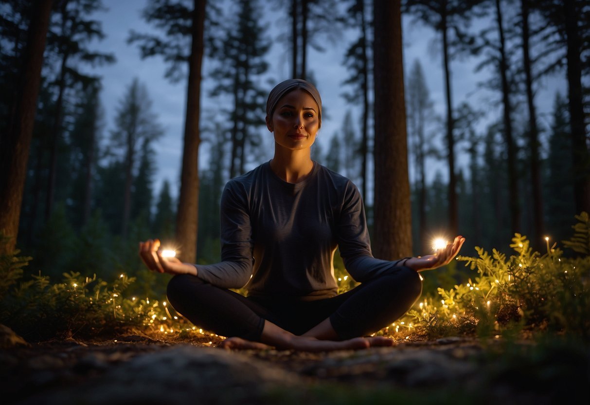 A person wearing a Black Diamond Spot Lite 200 headlamp does outdoor yoga at night, surrounded by trees and stars