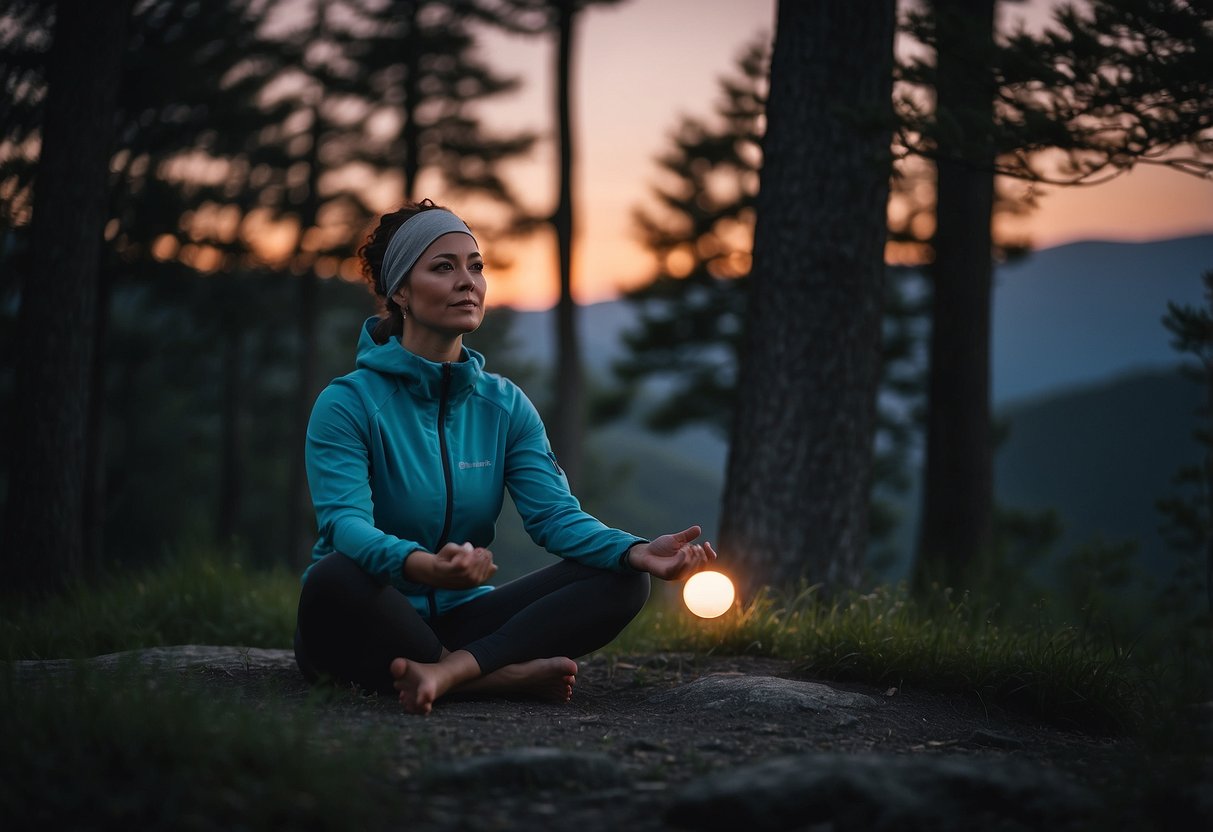 A person wearing the BioLite HeadLamp 200 while practicing outdoor yoga under the moonlit sky