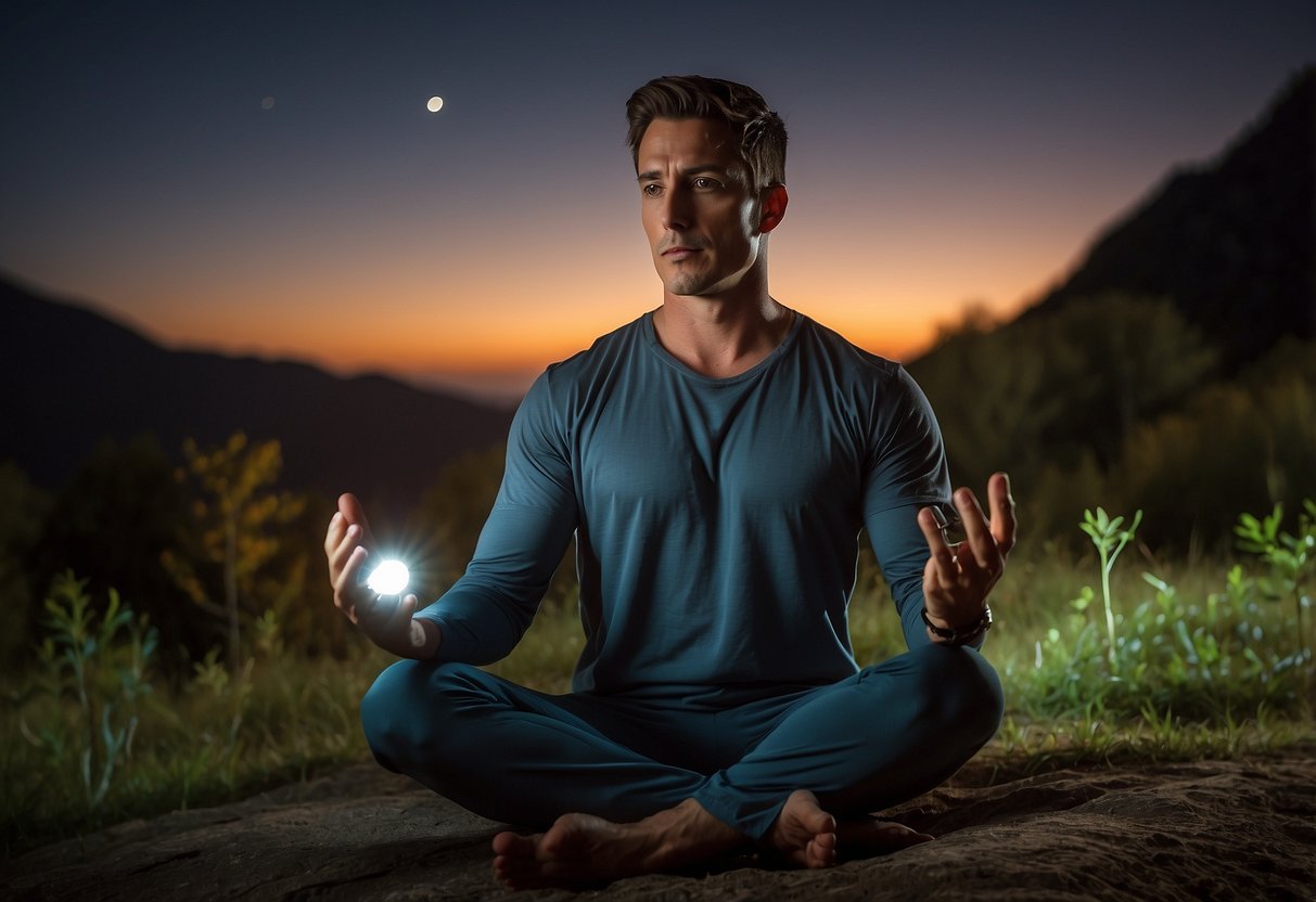 A person wearing a Nitecore NU25 headlamp while practicing outdoor yoga at night, with the light illuminating their surroundings and casting a soft glow on the surrounding nature