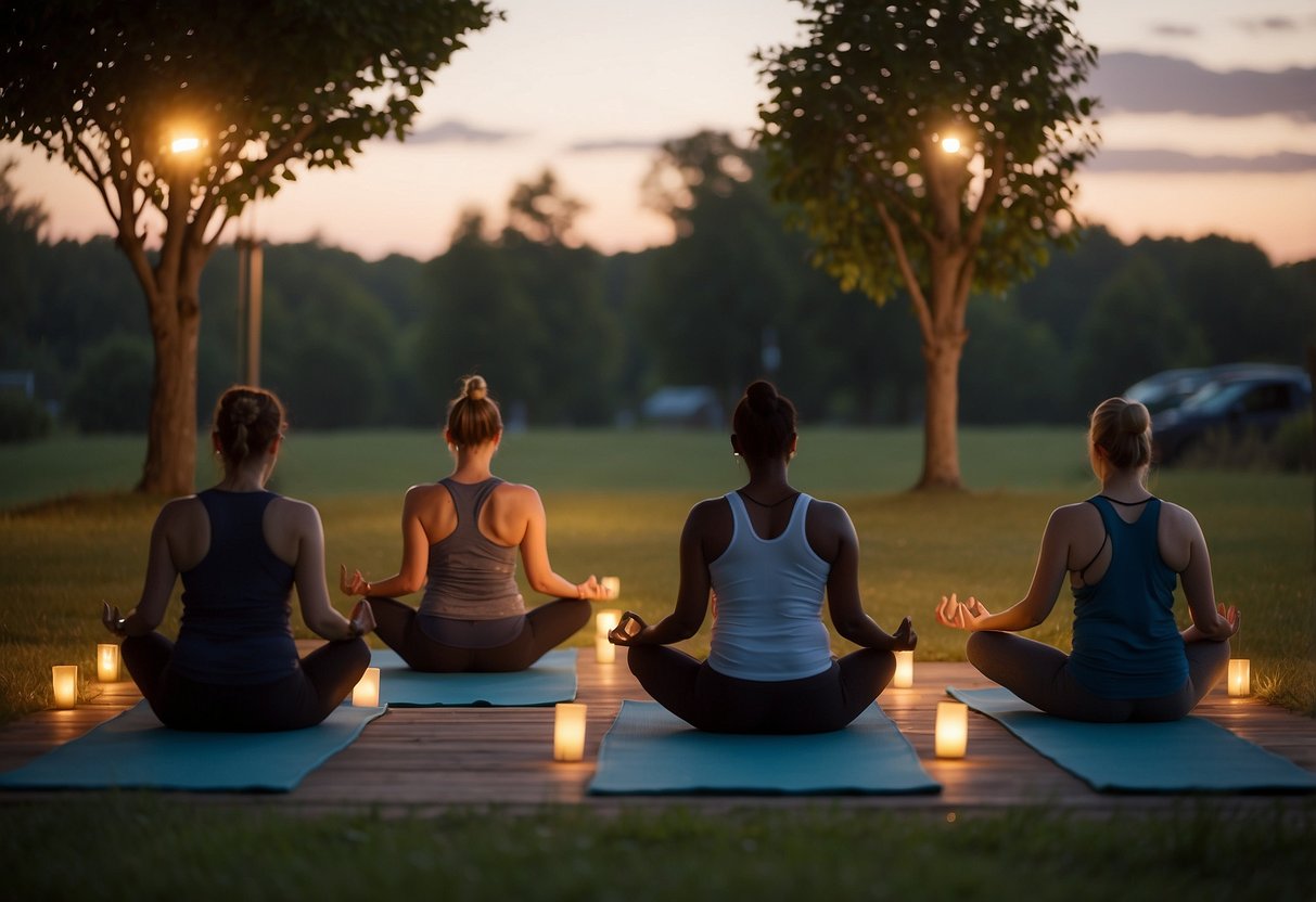 A serene outdoor yoga session at dusk, illuminated by lightweight headlamps. The lamps cast a soft, warm glow, creating a tranquil atmosphere for the practice