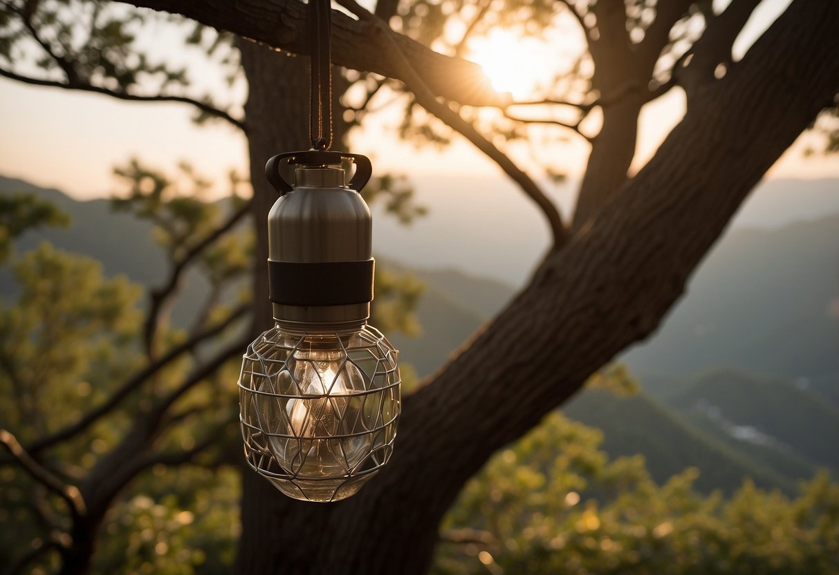 A headlamp hanging from a tree branch, with a yoga mat and water bottle nearby. Mountains and trees in the background, with the sun setting behind them