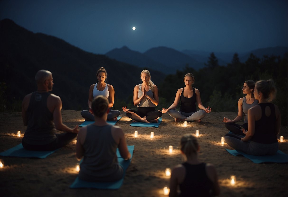 A group of yoga practitioners wearing headlamps while practicing yoga outdoors at night, with the soft glow of the headlamps illuminating their surroundings