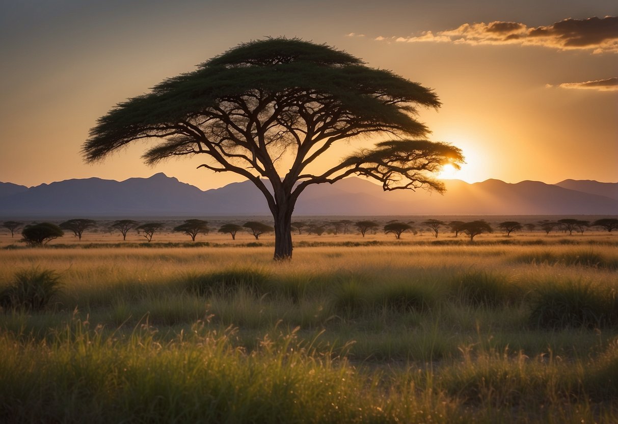 Lush savanna with a lone acacia tree, overlooking a tranquil watering hole. The sun sets behind distant mountains, casting a warm glow over the serene yoga spot