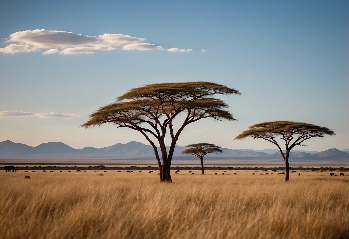 Vast savannah with acacia trees, wildlife roaming, and a distant mountain range under a clear blue sky at Serengeti National Park, Tanzania