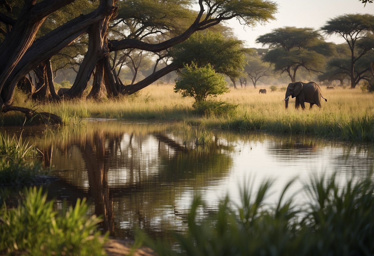 Lush greenery surrounds a serene watering hole in Chobe National Park, Botswana. A perfect spot for outdoor yoga in Africa