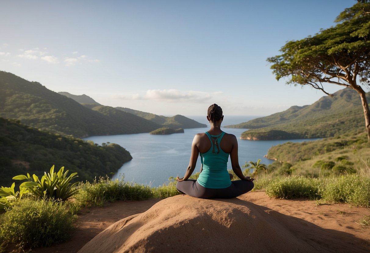 A serene African landscape with a clear blue sky, lush greenery, and a tranquil body of water, providing a perfect setting for outdoor yoga practice