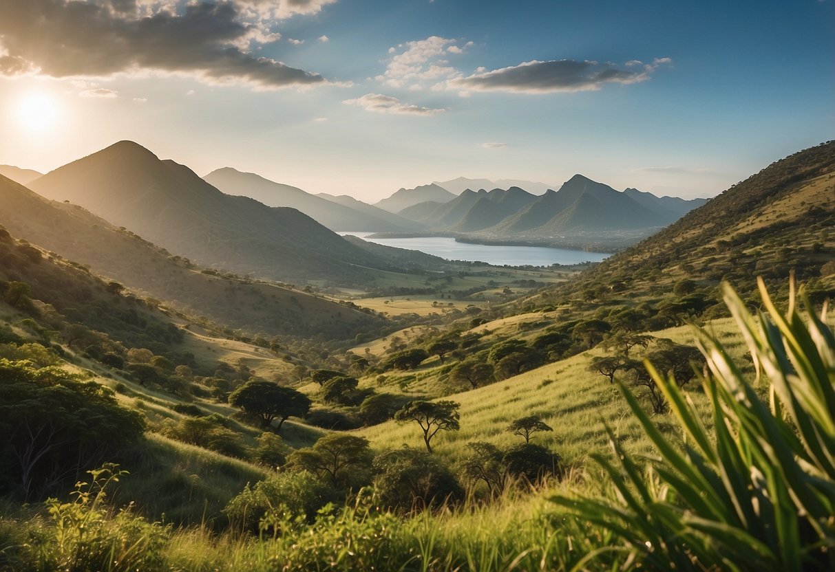 A serene African landscape with a clear, open space surrounded by lush greenery and a view of mountains or a body of water