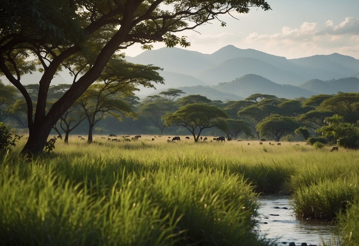 Lush green savanna with distant mountains, a flowing river, and vibrant wildlife. A serene atmosphere with the sound of birds and rustling leaves