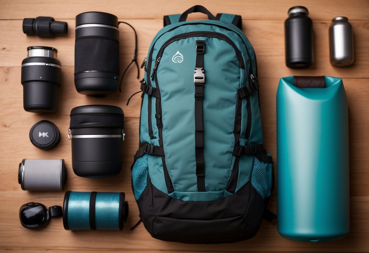 A backpack with yoga mat, lightweight water bottle, compact towel, small portable speaker, and minimal clothing neatly packed for outdoor yoga trip