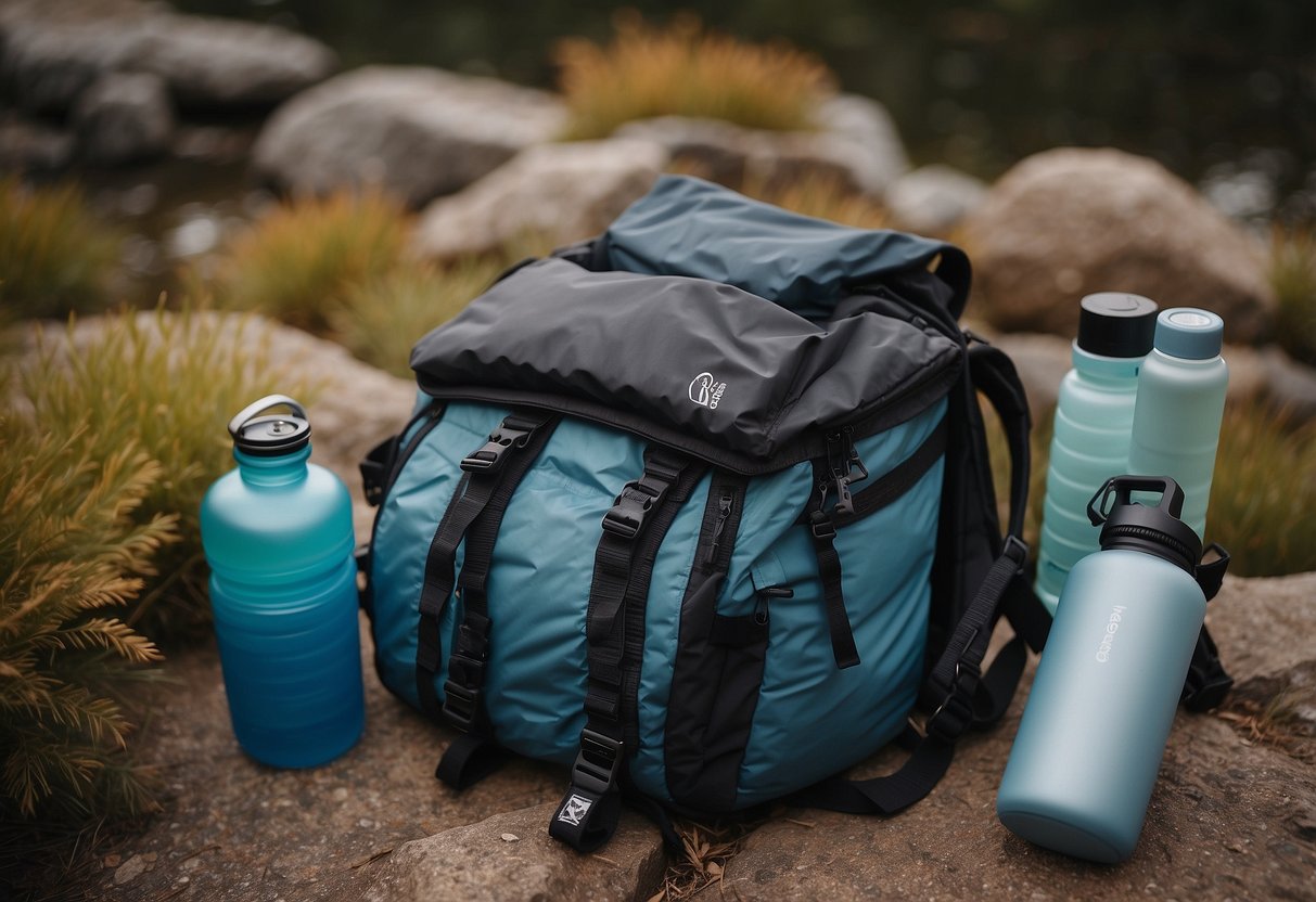 A compact down jacket lies neatly folded on top of a backpack, surrounded by lightweight yoga gear and a water bottle. The serene outdoor setting suggests a peaceful yoga retreat