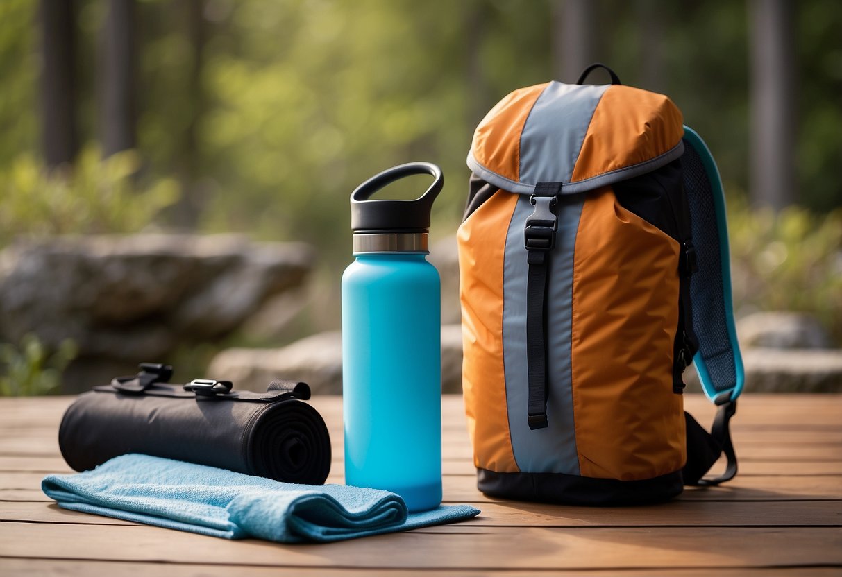 A collapsible water bottle sits next to a yoga mat and rolled-up towel. A backpack is packed with lightweight gear for outdoor yoga trips