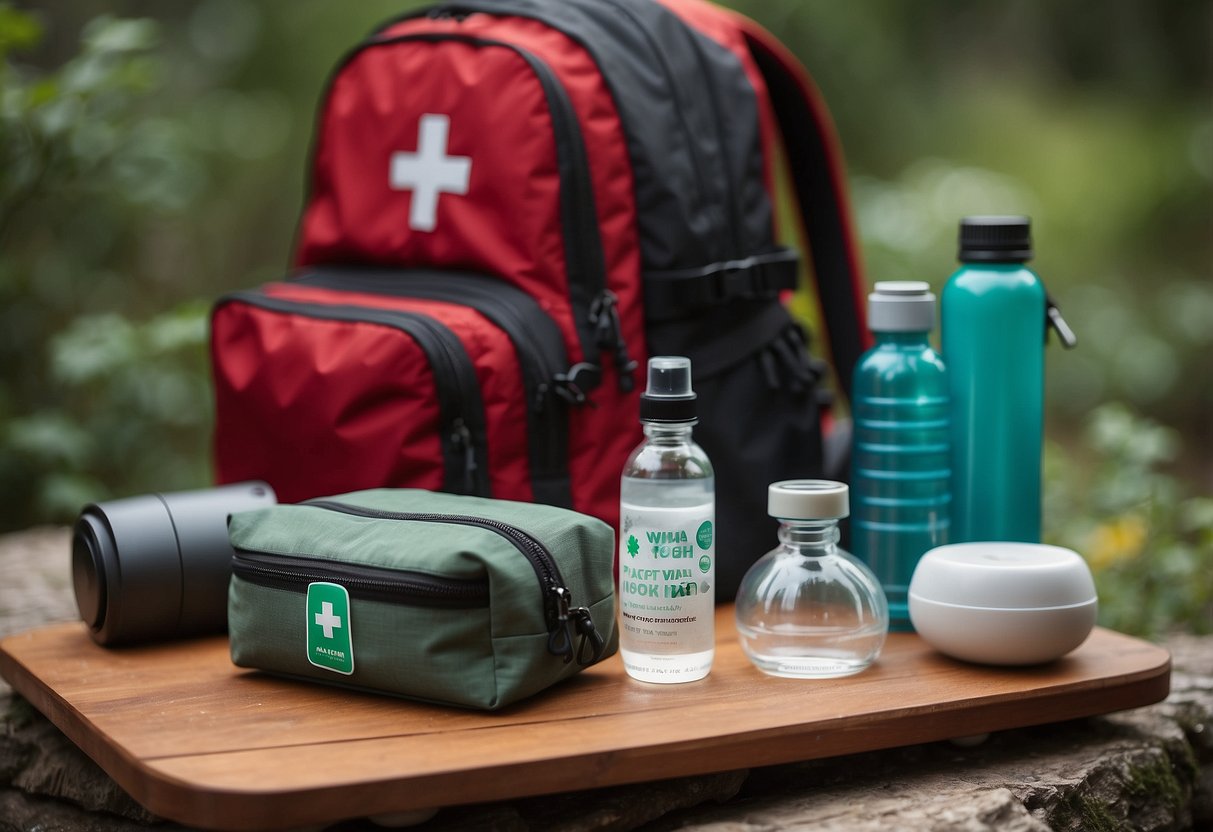 A compact first aid kit sits next to a yoga mat and water bottle. A backpack is packed with lightweight gear for an outdoor yoga trip