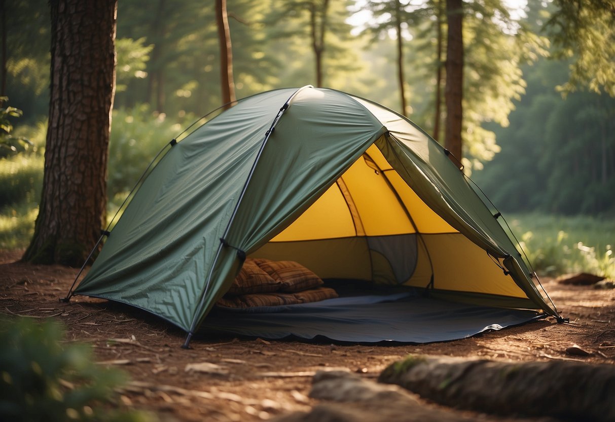 A colorful ultralight tent or tarp set up in a serene outdoor yoga spot, surrounded by trees and a peaceful natural landscape