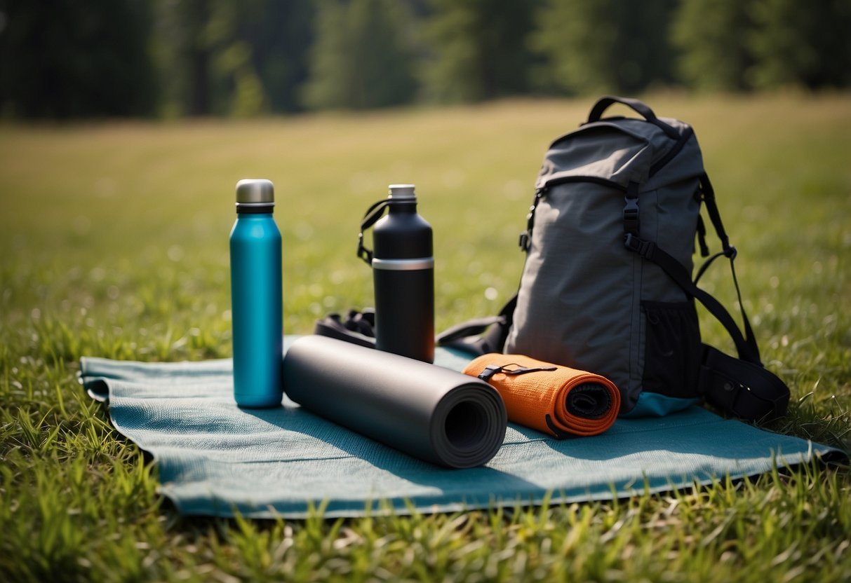 Outdoor yoga gear laid out on a grassy clearing, with a lightweight yoga mat, compact water bottle, and small backpack with essential items