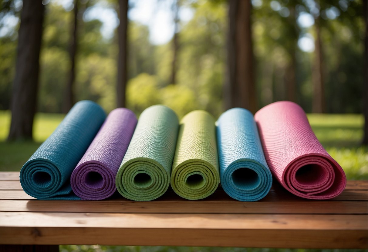 A group of five colorful yoga mats are laid out in a lush green outdoor setting, surrounded by tall trees and a clear blue sky. Each mat is accompanied by a cooler filled with refreshing beverages