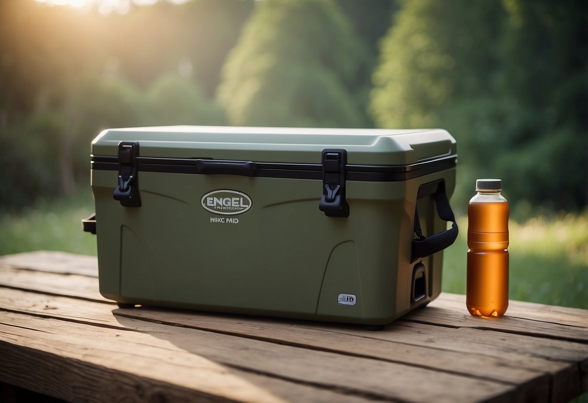 A serene outdoor yoga session with the Engel HD30 Soft-Sided Cooler in the background, surrounded by nature and calmness