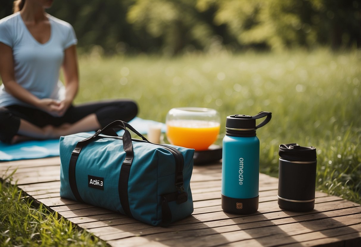 A colorful outdoor yoga session with AO Coolers Canvas Soft Cooler as the centerpiece, surrounded by nature and relaxation