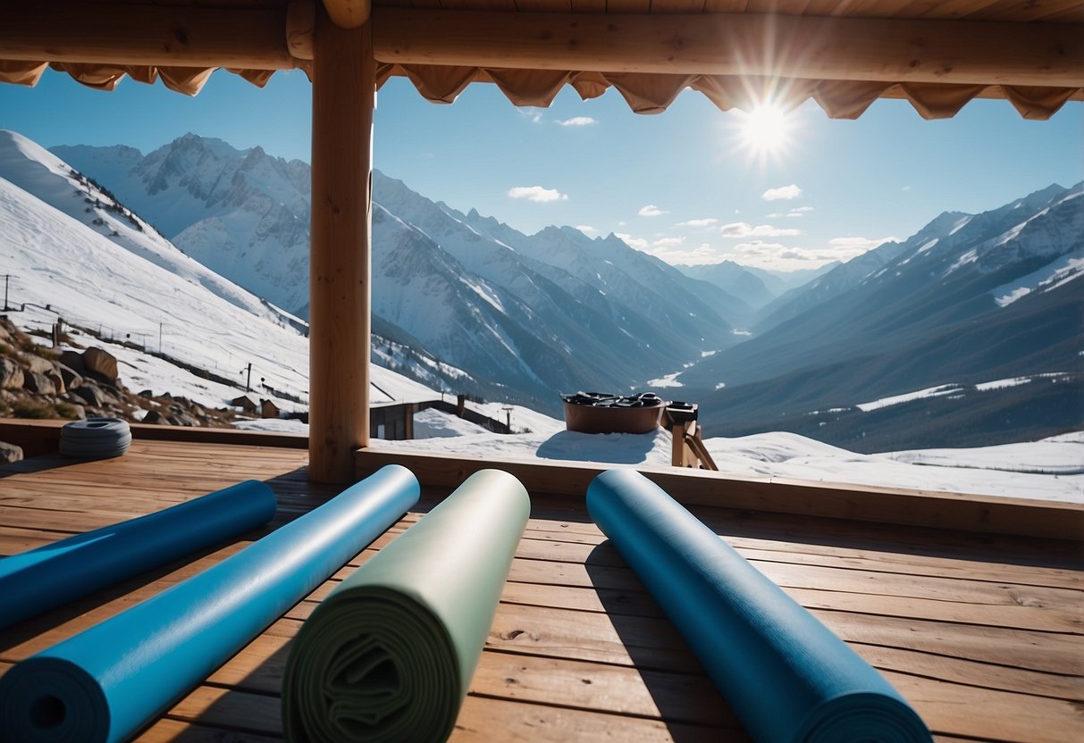 A snowy landscape with yoga mats and coolers, surrounded by icy mountains and a clear blue sky