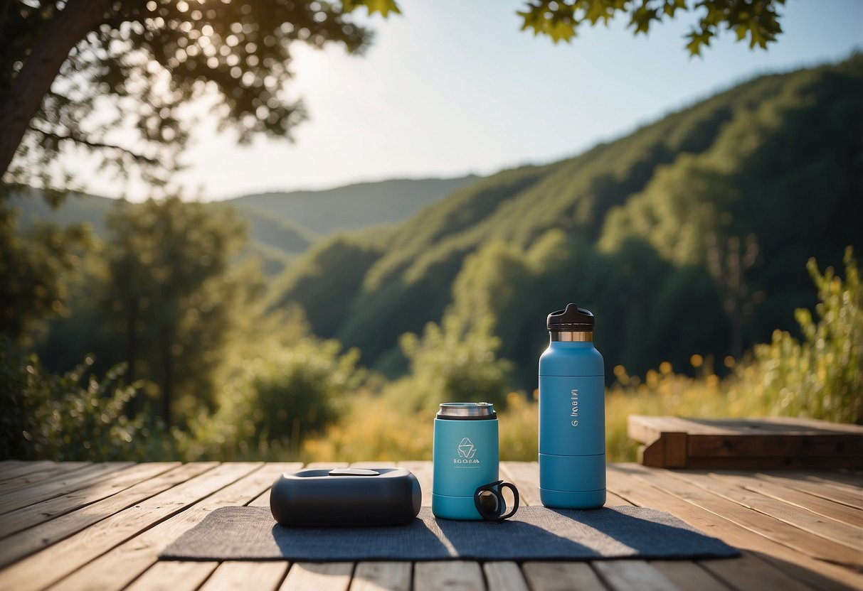 A serene outdoor yoga session with a cooler nearby, surrounded by nature and clear blue skies