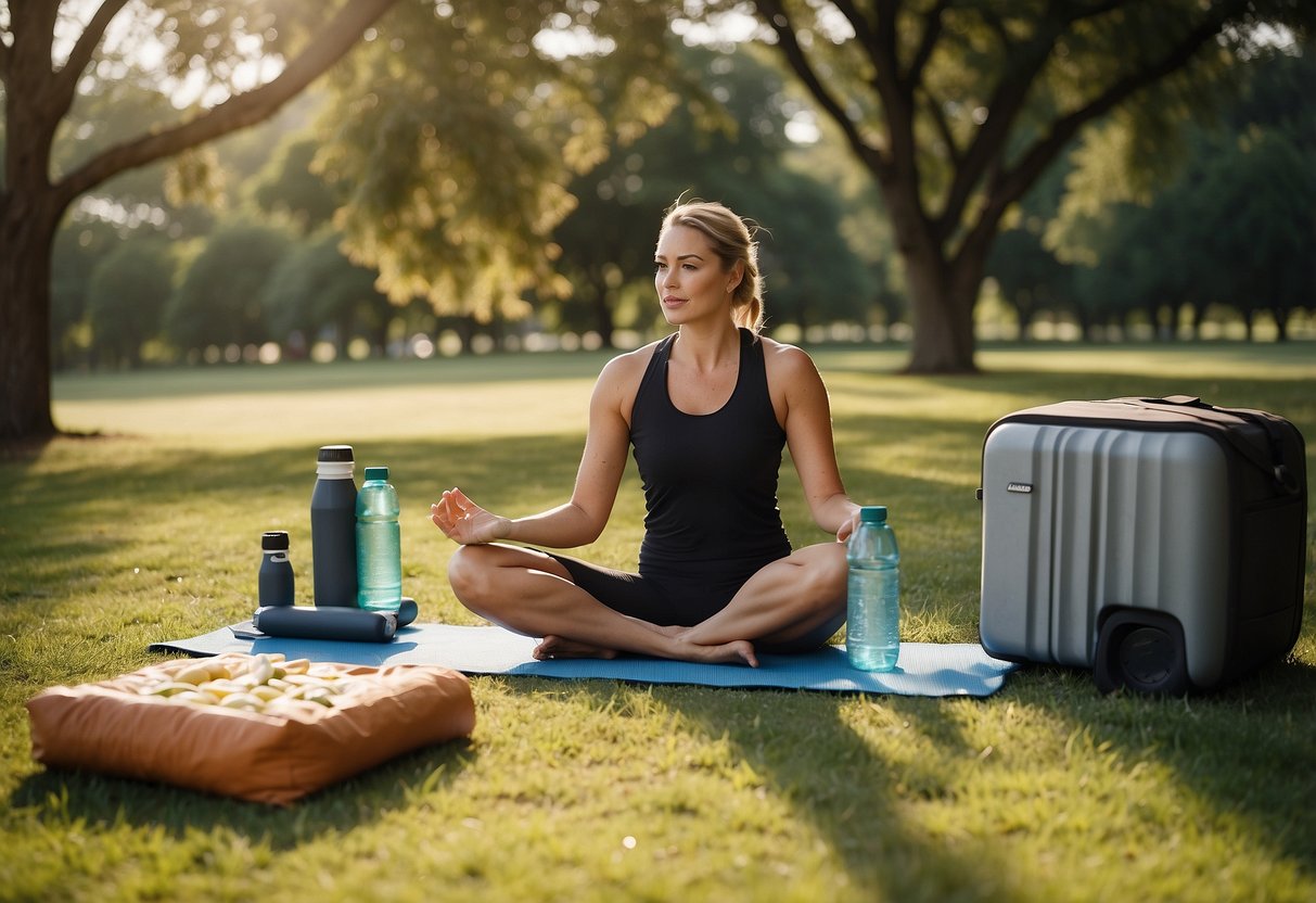 A woman sets up a yoga mat next to a cooler in a grassy outdoor area. The cooler is open, revealing a variety of healthy snacks and drinks. The sun is shining, and there are trees in the background