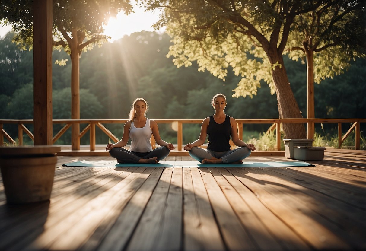 A serene outdoor yoga space with a variety of coolers, surrounded by nature and sunlight