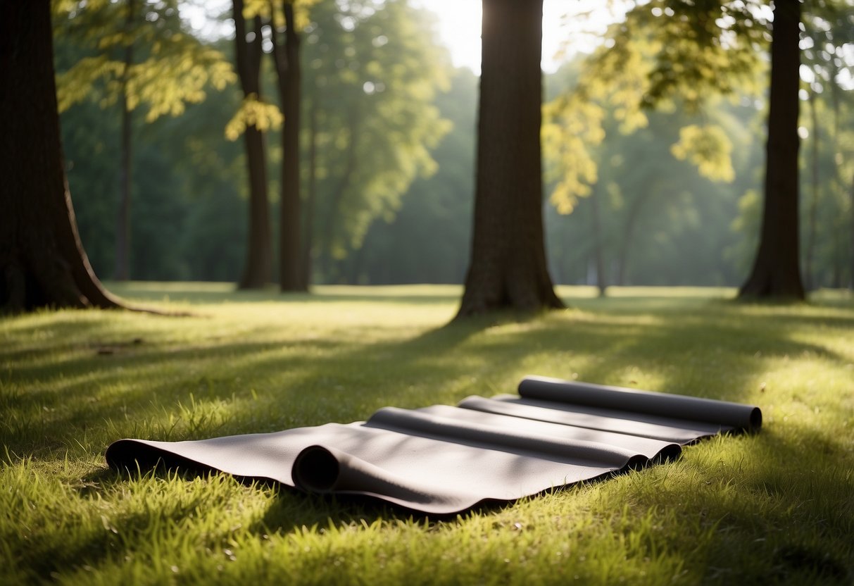 Yoga mats laid out on a grassy clearing surrounded by tall trees. Sunlight filters through the leaves, casting dappled shadows. A gentle breeze rustles the leaves, creating a serene atmosphere for outdoor yoga training