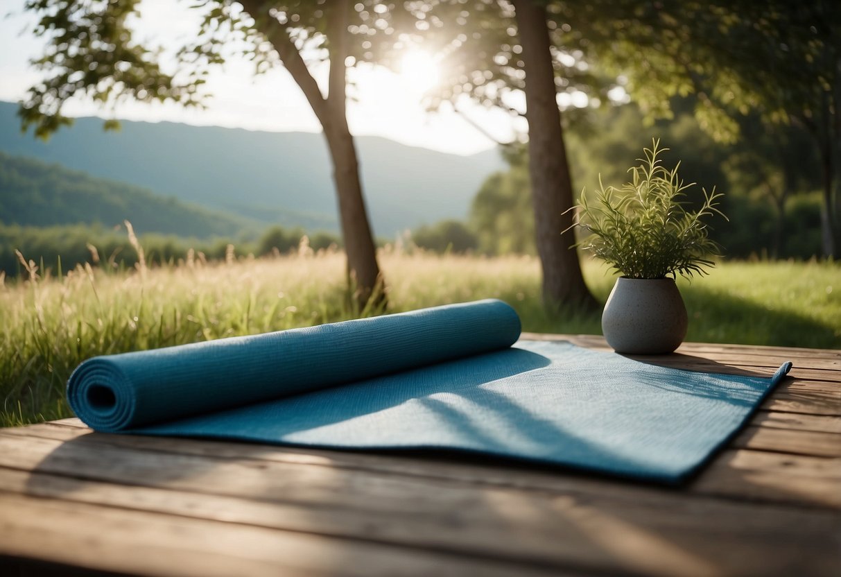 A serene outdoor setting with a yoga mat, surrounded by nature and a peaceful atmosphere