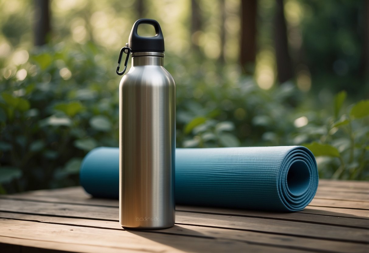 A serene outdoor setting with yoga mat, water bottle, and sturdy yoga props surrounded by nature